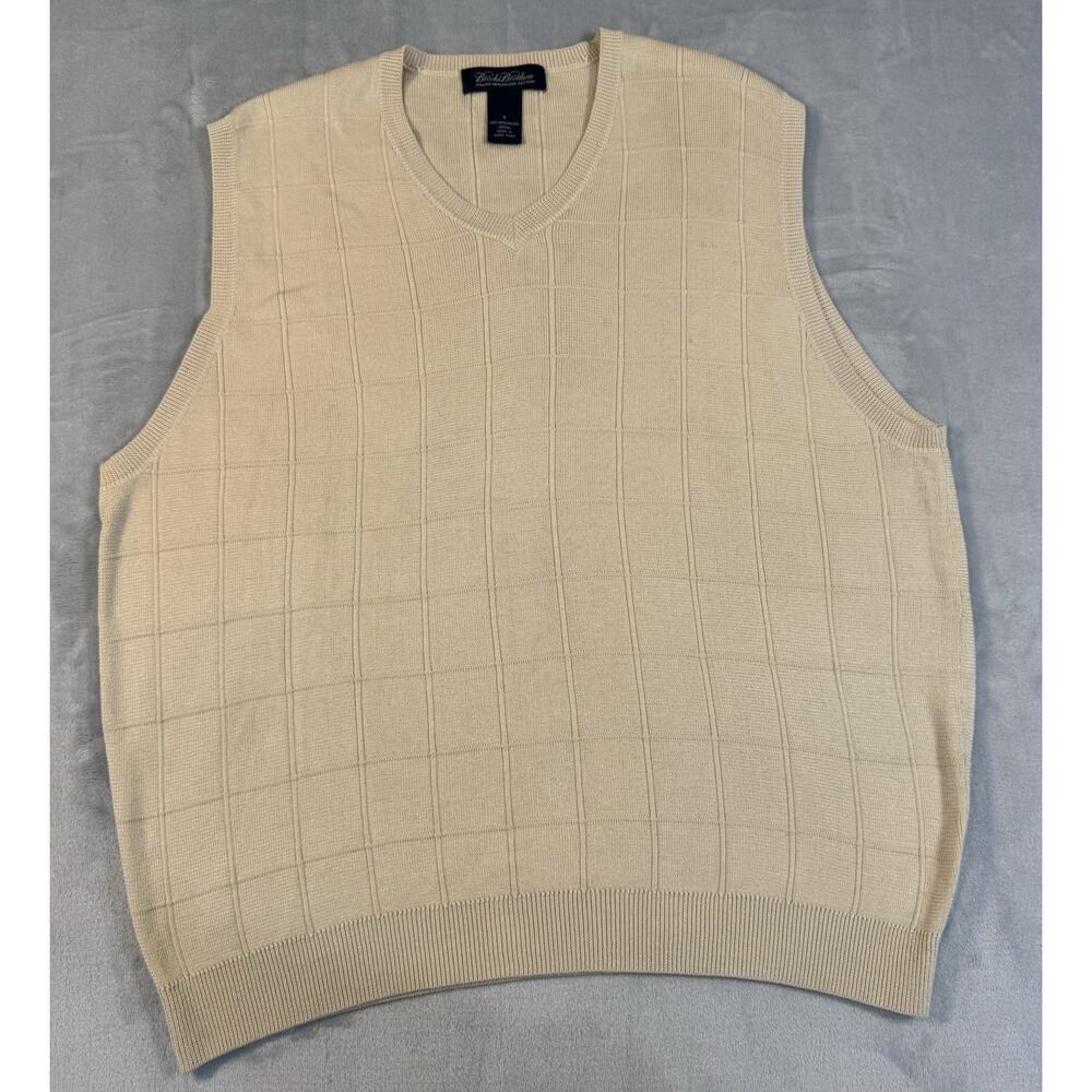 Brooks Brothers Sweater Vest Mens M BeigeCream Cotton V Neck Textured Knit Golf